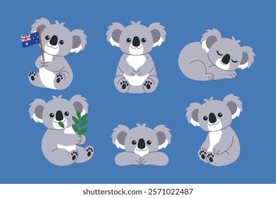 collection of Koala Cartoon Character Sitting, Sleeping, Holding Australian Flag, Eating Leaf illustration