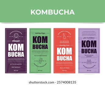 A collection of kombucha labels highlighting its various flavors and health benefits. Each label highlights the freshness and sustainability of the ingredients.