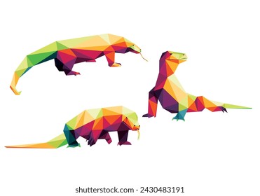 Collection of Komodo Reptile in Colorful Polygonal Low Poly. Set of Colorful abstract vector of Komodo Lizard. Komodo Colorful logo vector