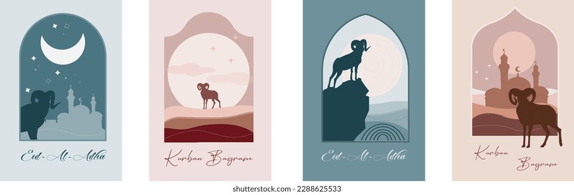 Collection of Korban Bairam, Eid Al Adha greeting cards with ram silhouette, moon, mosque in retro boohoo style,  pastel colours, Muslim arches and Islamic style windows