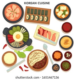 Collection of Korean cuisine dishes and plates, menu of Asian restaurant. Noodles and vegetables, kimbap and fried egg with veggies, kimchi and spices. Jajangmyeon and hobakjuk recipes vector