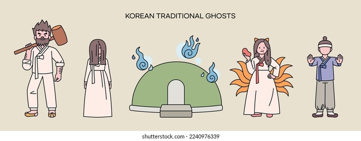 A collection of Korean ghost characters. Goblin, virgin ghost, goblin fire, gumiho, egg face ghost.