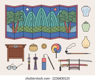 A collection of Korean traditional objects. Interior items to decorate the room.