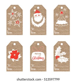 Collection of  kraft paper tags with  christmas motifs.