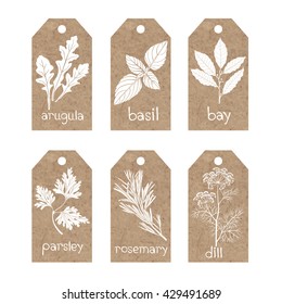 Collection of  kraft paper tags with culinary herbs and spices. 