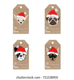 Collection of  kraft paper tags with dogs in Santa's hat. French Bulldog, pug; chihuahua,  miniature pinscher and Santa Claus.