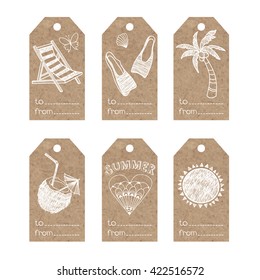 Collection of  kraft paper tags with  summer holiday motifs.