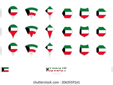 Collection of the Kuwait flag in different shapes and with three different effects. Vector flag set.