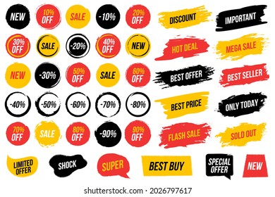 Collection of label banners ink brush strokes and grunge circles for sale and discount