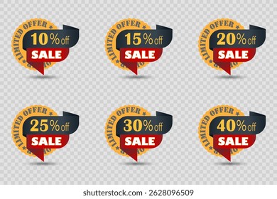 Collection of label designs for sales and discounts. On a transparent background.