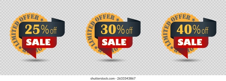 Collection of label designs for sales and discounts. On a transparent background.