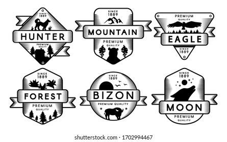 Collection Labels Animals and Nature Set Logo. Black and White Trademarks Hunter and Mountain, Eagle and Forest, Bizon and Moon Monochrome Drawn Logotype Layout Vector Flat Illustrations
