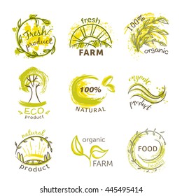 Collection of labels and badges with abstract splashes in watercolor style for organic, natural, eco and bio products. Hand drawn vector illustration