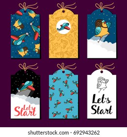 Collection of labels with bird and plane