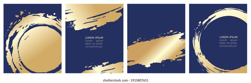 Collection of labels or cards. Vector illustration, set of navy blue backgrounds with gold strokes.	