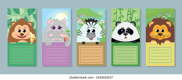 Collection of labels for children. Set of vector tags with animals: monkey Hippo Zebra Panda lion on white background for greeting note notebook sticker template. Vector graphics.
