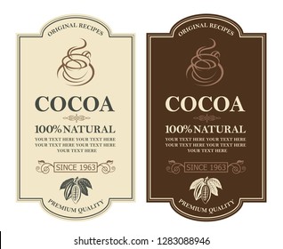 colección de etiquetas con granos de cacao, rama y hojas
