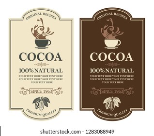 collection of labels with cocoa beans, branch and leaves