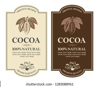 collection of labels with cocoa beans, branch and leaves