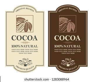 collection of labels with cocoa beans, branch and leaves