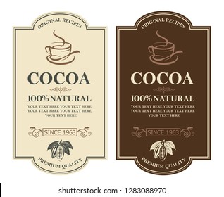 collection of labels with cocoa beans, branch and leaves