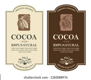 collection of labels with cocoa beans, branch and leaves
