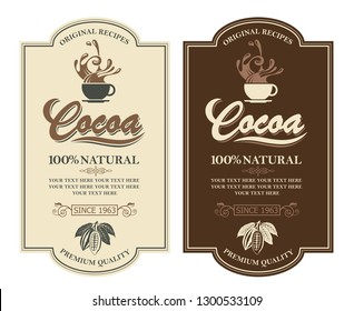 collection of labels with cocoa beans, branch and leaves