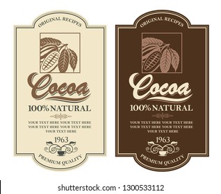 collection of labels with cocoa beans, branch and leaves