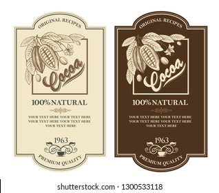 collection of labels with cocoa beans, branch and leaves