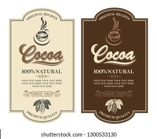 collection of labels with cocoa beans, branch and leaves