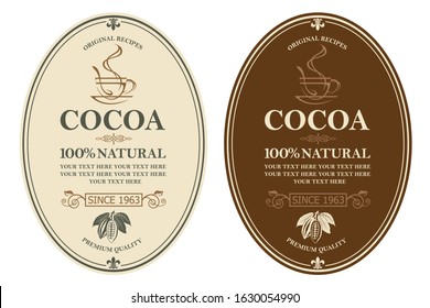 colección de etiquetas con granos de cacao, rama y hojas