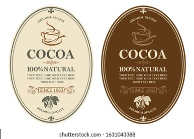collection of labels with cocoa beans, branch and leaves