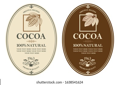 collection of labels with cocoa beans, branch and leaves