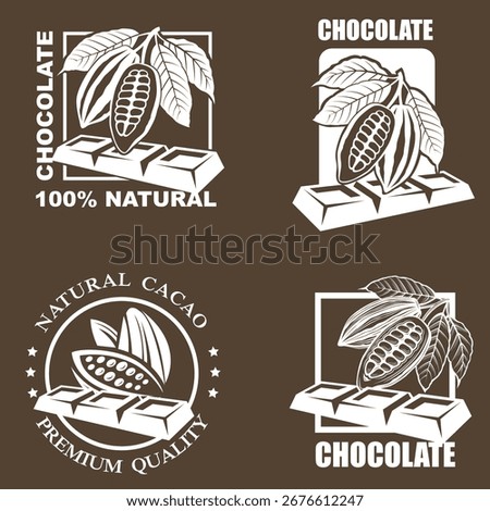 collection of labels with cocoa beans and chocolate isolated on broun background