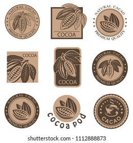 collection of labels with cocoa beans and leaves