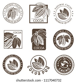 collection of labels with cocoa beans and leaves