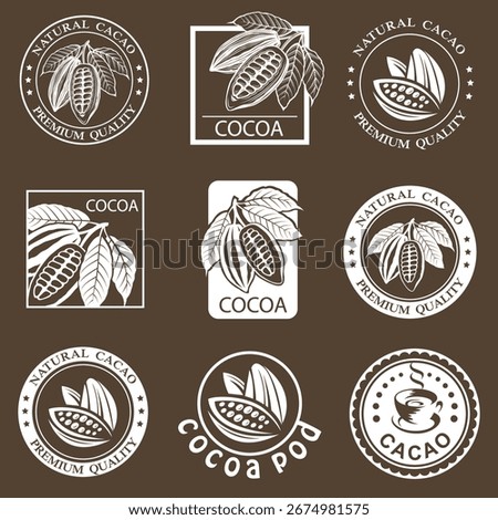 collection of labels with cocoa beans and leaves isolated on broun background