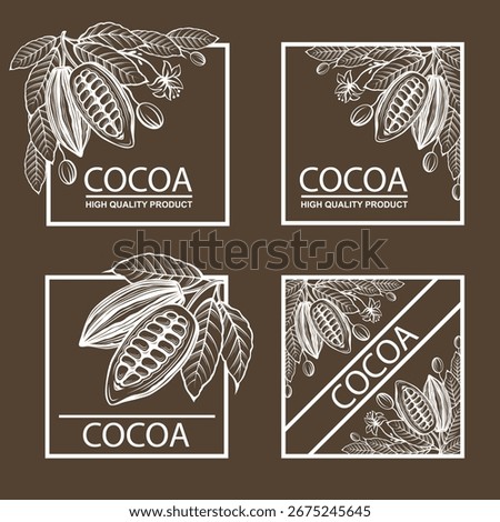 collection of labels with cocoa beans and leaves isolated on broun background