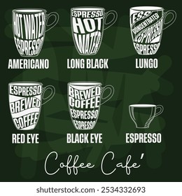 A collection of labels with designs and icons perfect for coffee, menus and posters. White paint on green board.