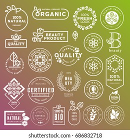 Collection of labels and elements for natural cosmetics and beauty products. Vector illustrations on a stylized background, for cosmetics, healthcare, spa and wellness. 