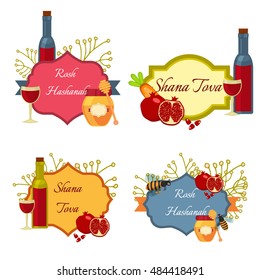 Collection of labels and elements for Rosh Hashanah Jewish New Year. Shana tova Rosh Hashanah vector greeting card design for Jewish New Year. Rosh Hashanah celebration hashanah shana tova symbols