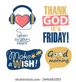 collection of labels with english phrases and expressions for clothing print, t-shirt, wallpaper, textile, fabric, poster, ads