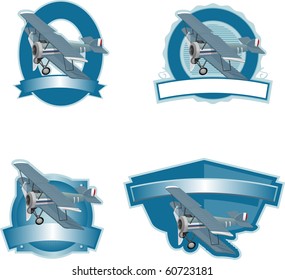 Collection of labels featuring a bi-wing airplane in cool colors.