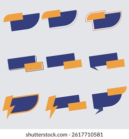 A collection of labels featuring geometric shapes in dark blue, orange, and white