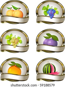 The collection of labels for fruit products: peaches, grapes, plums, watermelon, orange.