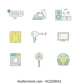 Collection of labels with house appliances. House gear icons made in vector. TV, washing machine, air condition and other home gear.