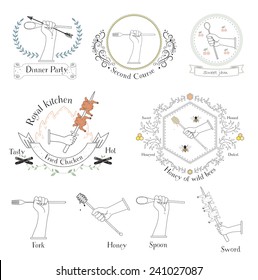 Collection of labels and logos with a hand. For the kitchen, the menu and the restaurant.