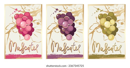 Etiquetas de colección para la rosa de Muscatel, vinos blancos y tintos. Ilustraciones vectoriales, conjunto de antecedentes con uvas y trazos dorados.	