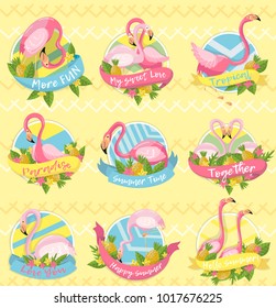 Collection of labels with phrases about summer, design element with palm leaves, exotic flowers, pineapples and flamingo vector Illustrations