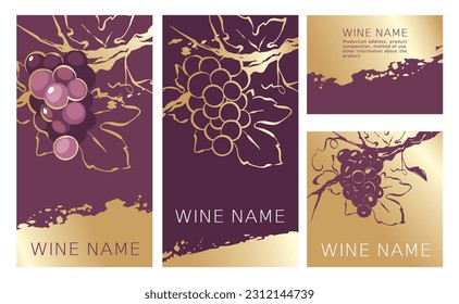 Etiquetas de colección para vino tinto. Ilustración vectorial, conjunto de fondos con patrones de oro y trazos de oro.	